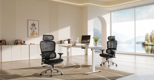Birou modern cu doua scaune ergonomice negre din plasa si birou reglabil alb