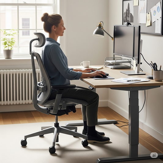 Femeie lucrand la un birou reglabil electric, pe scaun ergonomic cu tetiera