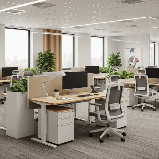 Spatiu de lucru hibrid amenajat cu birouri reglabile si scaune ergonomice ergoliv