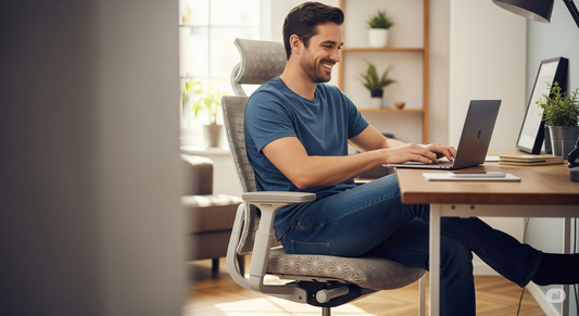 Persoana la birou pe scaun ergonomic, dupa o zi lunga de lucru