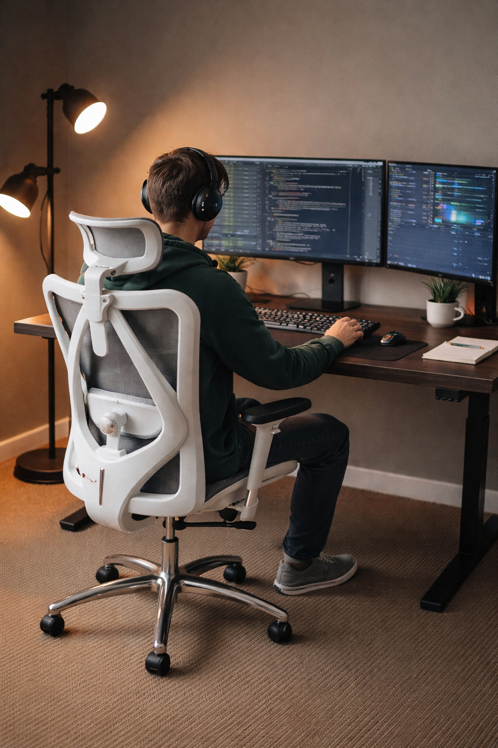 Barbat programand la doua monitoare, pe scaun ergonomic alb cu spatar din plasa si birou reglabil