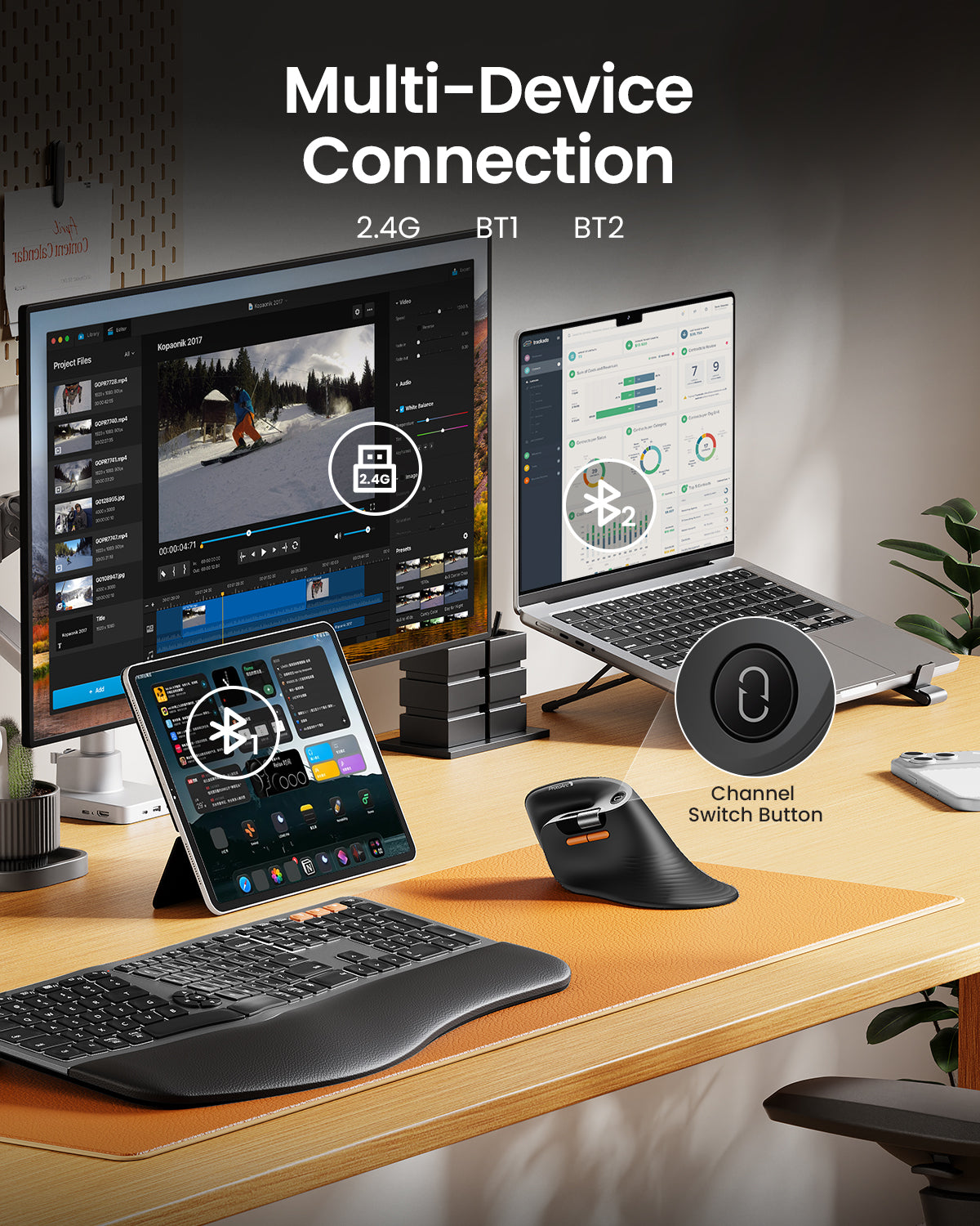 ProtoArc EM11 Pro conectat la trei dispozitive · ergoliv